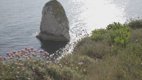 Cliff-overlooking-big-rock-in-sea-on-sunny-day