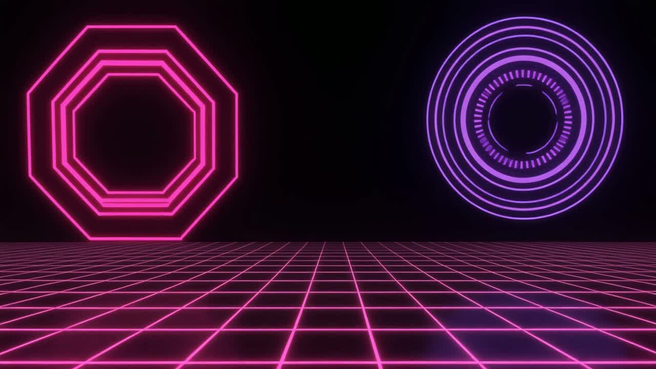 Griglia neon retrofuturistica con forme geometriche luminose