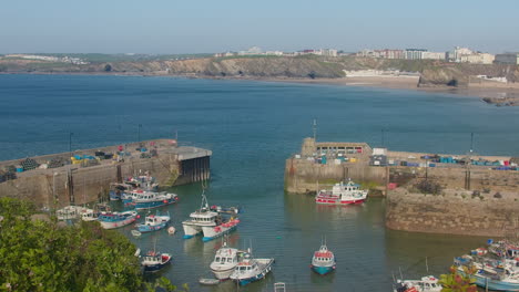 Hafen-Von-Newquay-Mit-Festgemachten-Booten-Im-Sommer-Von-Einer-Anhöhe-Aus-Gesehen