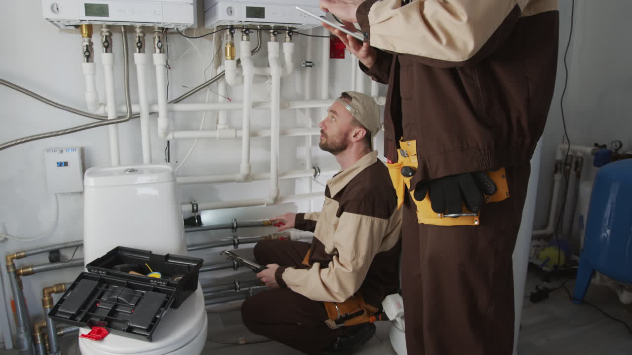 Plumbers Inspecting Pipes in Bathroom