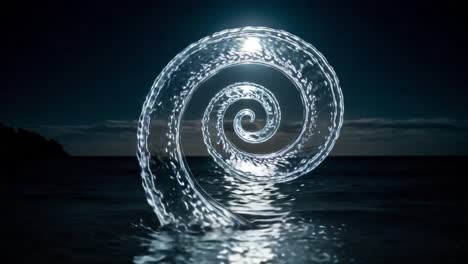 A Mesmerizing Spiral of Water Dancing Over the Surface, Reflecting Moonlight and Creating an Ethereal Scene in the Night Sky