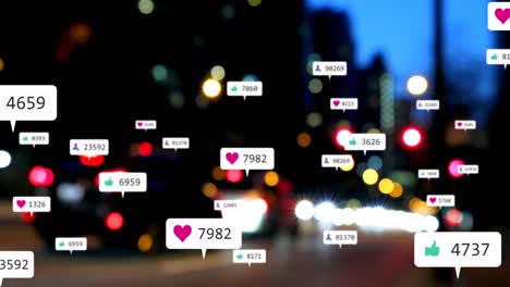 Animation-of-social-media-icons-and-numbers-over-out-of-focus-city-lights