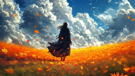 mysterious figure stands in a vibrant orange flower field under cloudy sky