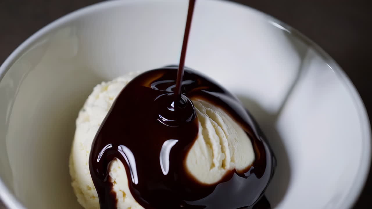 Chocolate Sauce Poured Over Vanilla Ice Cream