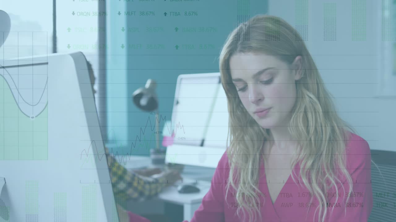 Animation of statistics and financial data processing over businesswoman using computer