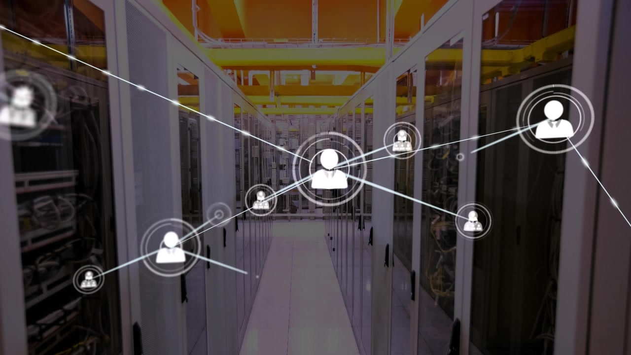 Animated User Connections Over a Server Room Background