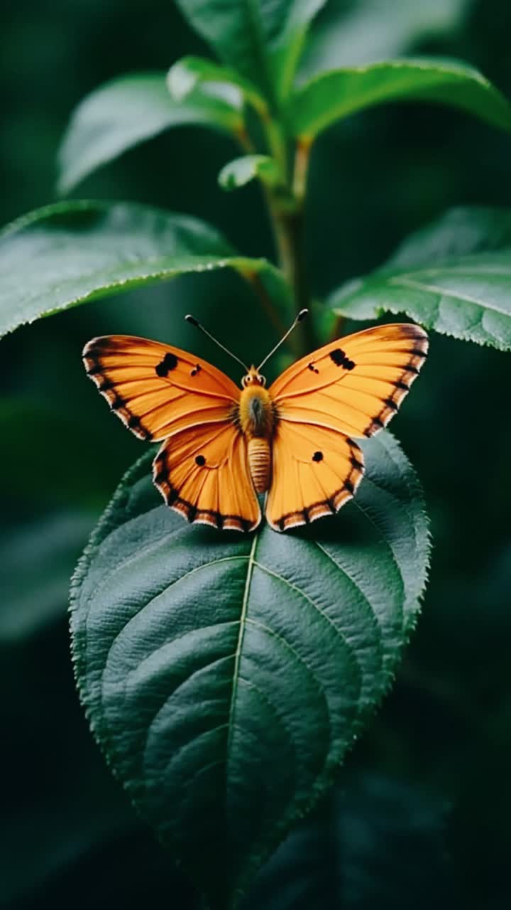 Farfalla arancione che si riposa su una foglia verde