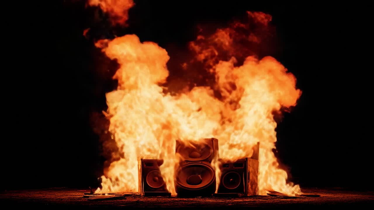 An Intense Display of Flames Erupting from a Burning Sound System, Capturing the Raw Energy and Power of Fire in a Dark Surrounding