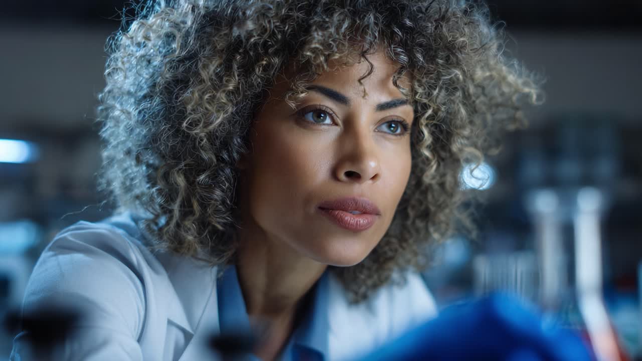 Scienziato ricercatore concentrato che osserva un esperimento con intensità e determinazione in un ambiente di laboratorio, mettendo in evidenza l'innovazione e la scoperta scientifica