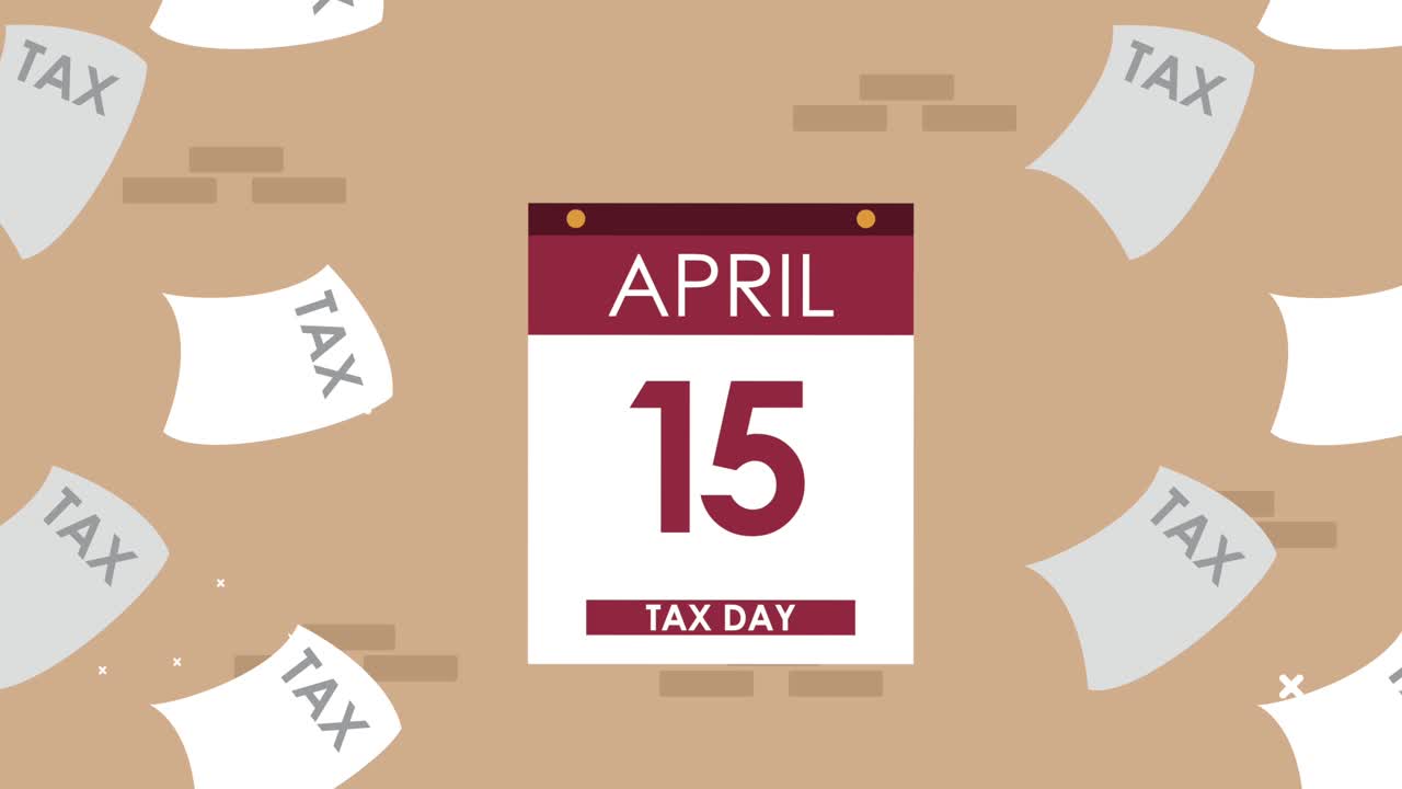 animación del día de impuestos con recordatorio de calendario y documentos
