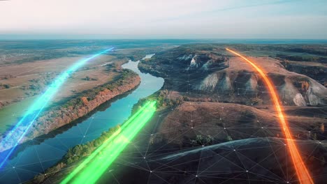vista aérea de carreteras y ríos con superposición de red digital