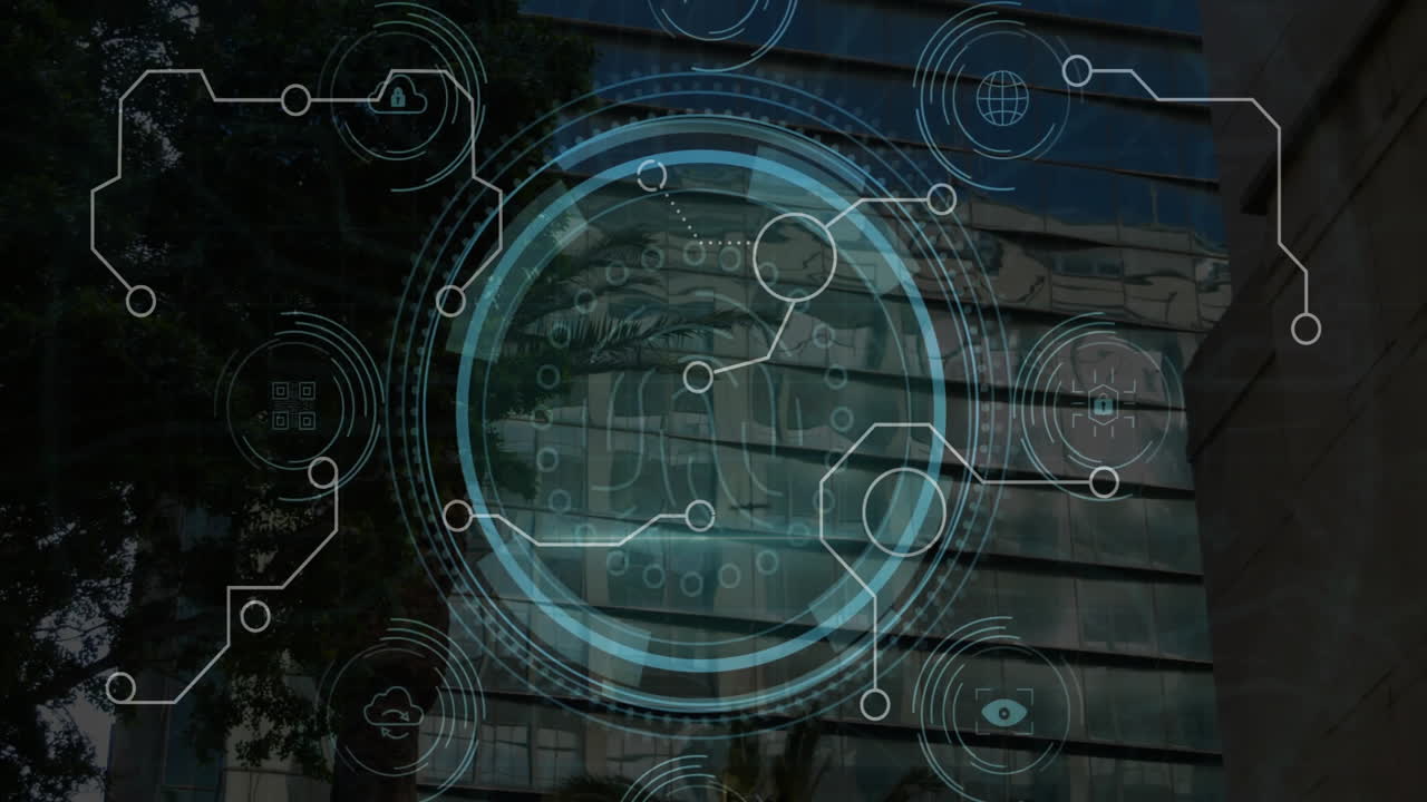 Animation of futuristic icons overlaying digital interface on modern glass building