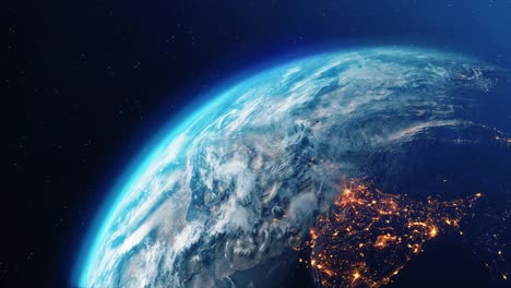 planet earth slowly rotating day to night concept with bright city lights from space 4k loop