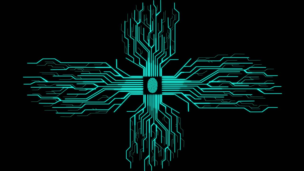 Fingerprint With Futuristic Artificial Intelligence Spreading Through Internet. Visualization Of Machine Learning, Computer Technology, Neural Network