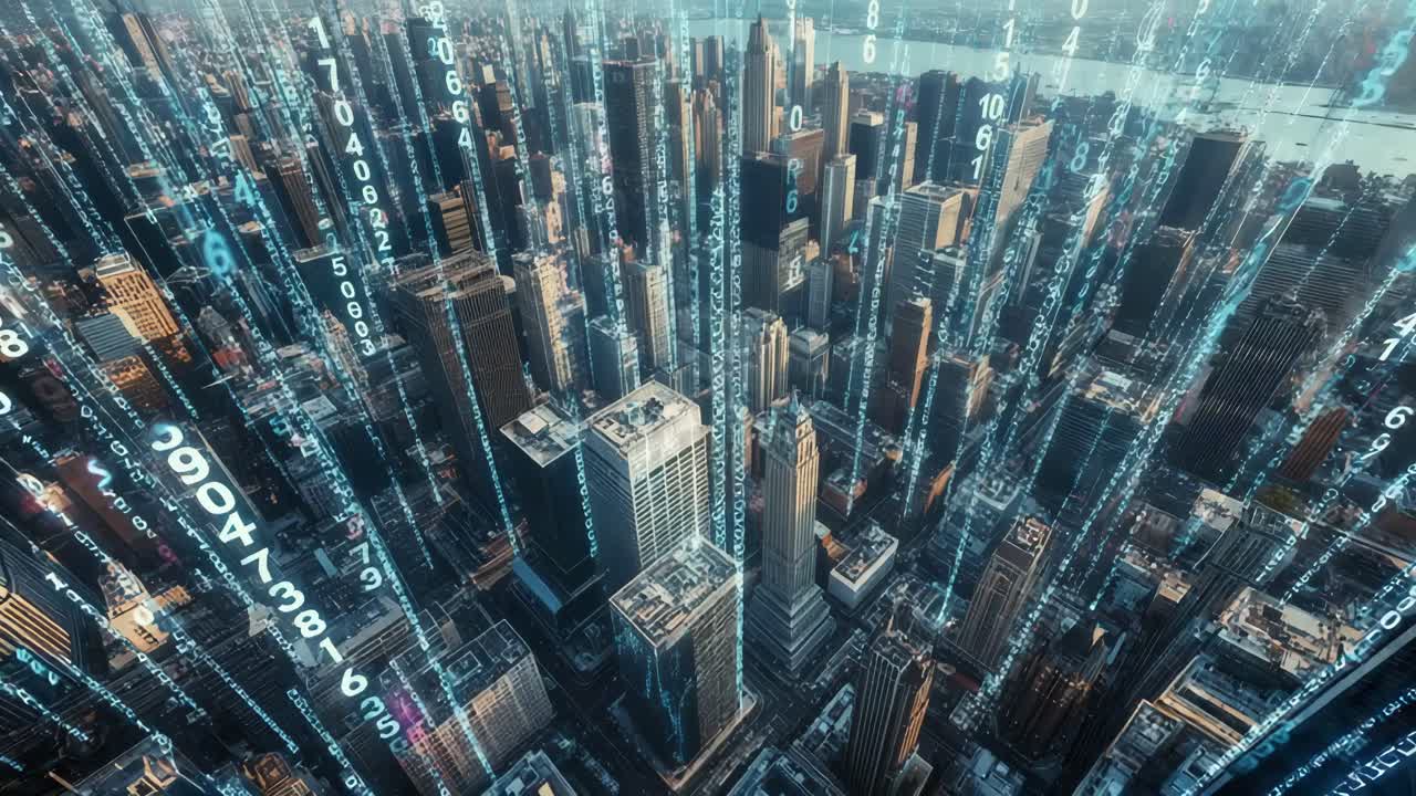 Futuristic Cityscape with Digital Overlay