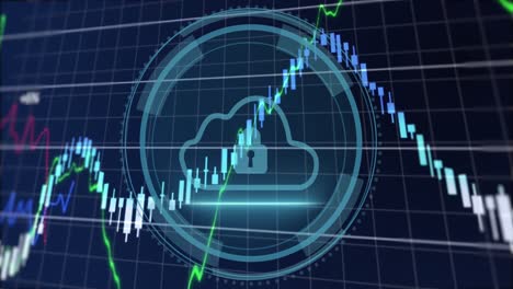 Animation-Mehrerer-Diagramme-über-Cybersicherheitstext,-Schild,-Vorhängeschloss-In-Der-Wolke-Auf-Schwarzem-Hintergrund