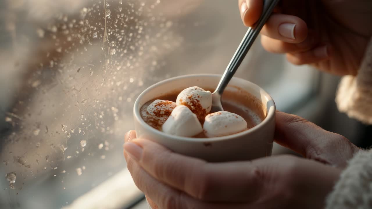 Shifting sweater hands to rainy window, stirring mug with spoon melting marshmallows into cocoa