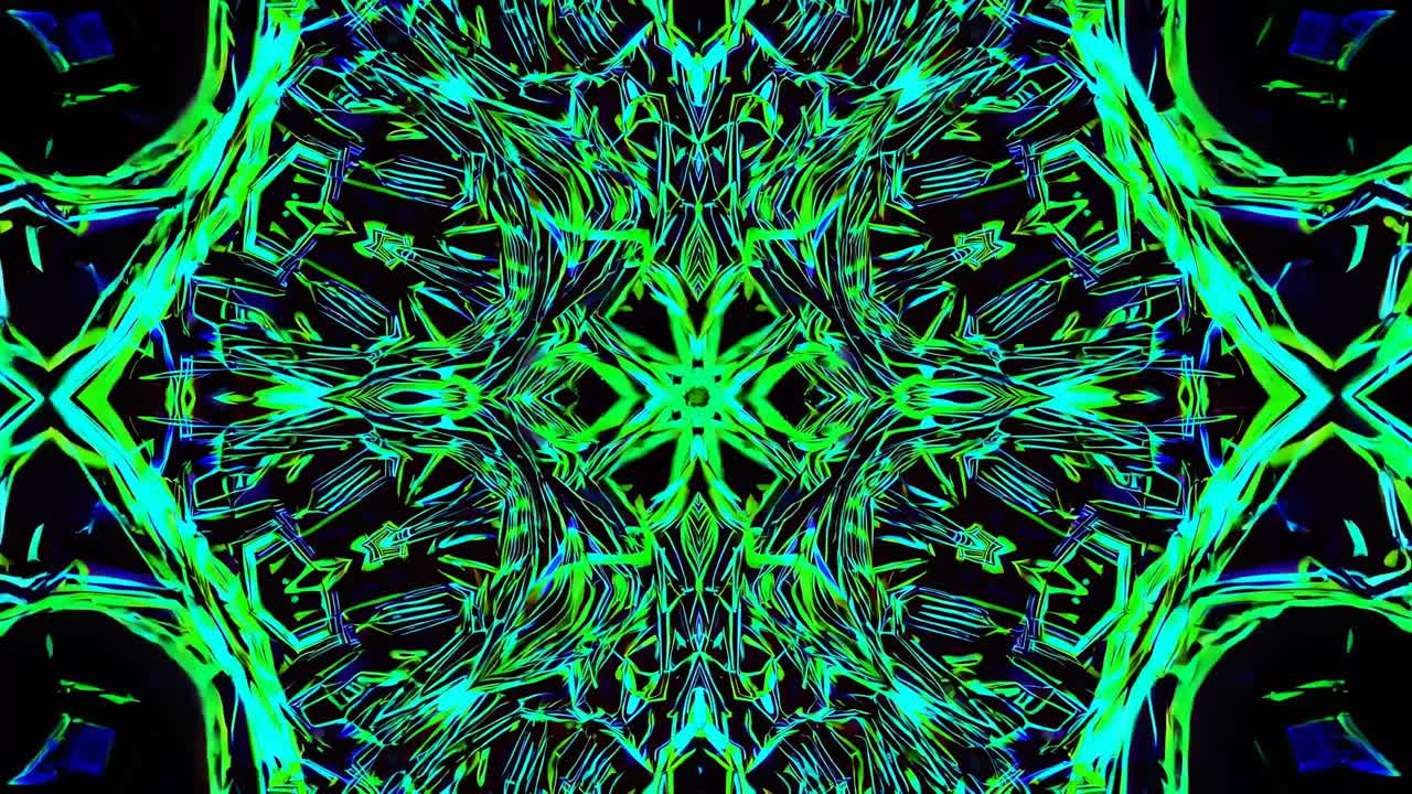 A kaleidoscopic digital art piece with neon green and blue patterns