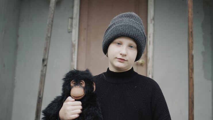 Portrait of a sad girl, standing on the threshold of the house, holding a toy monkey in her hands