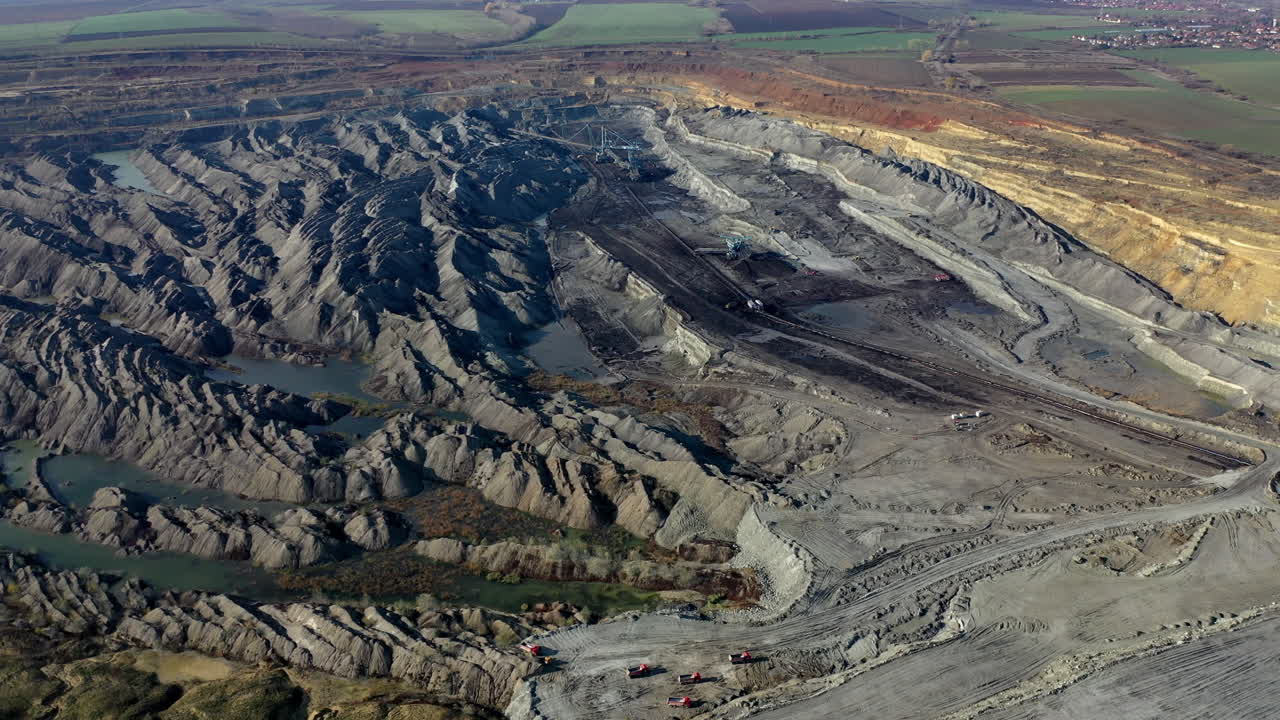 Aerial shot of lignite coal mine with beautiful lines and colors