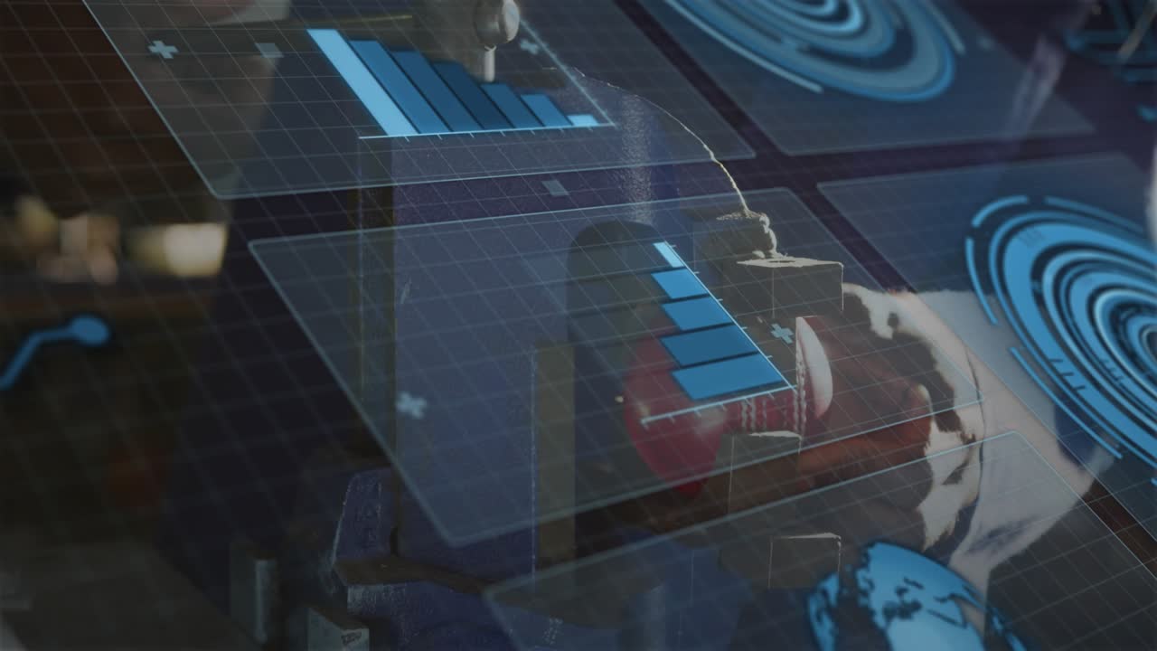 Techniker, der in ein Tech-Labor greift, auf AR-Panels tippt und rote Komponenten mithilfe von AR-Balkendiagrammen analysiert