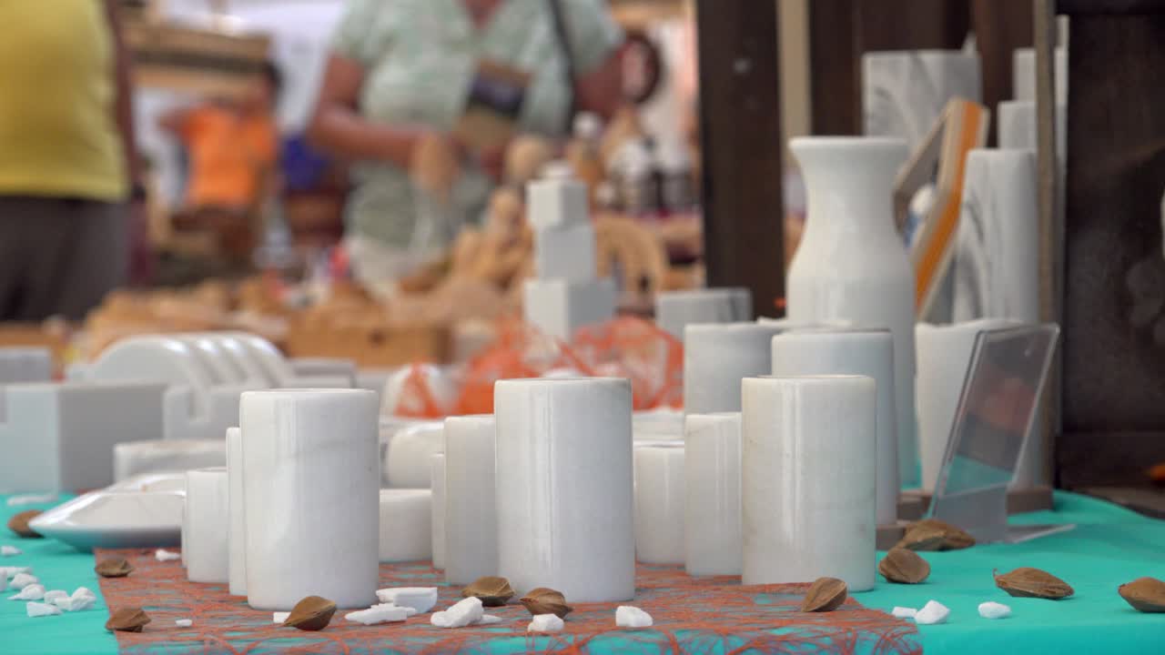Marble products displayed on a stand at the annual Marble and Apricot event in Laas - Lasa, South Tyrol, Italy