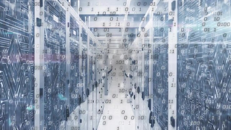 Cam moving forward starting binary stream drifting down aisle, overlaying racks showing data flow