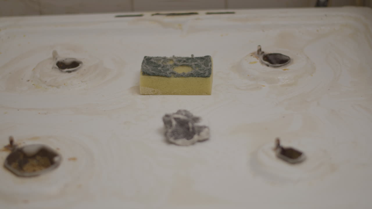 부엌 난로에 비누칠을 한 낡은 스펀지