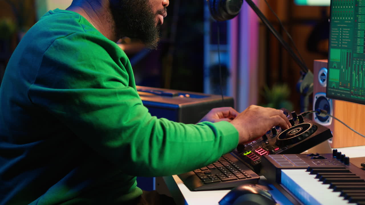 Skilled male composer producing new songs on his mixing console