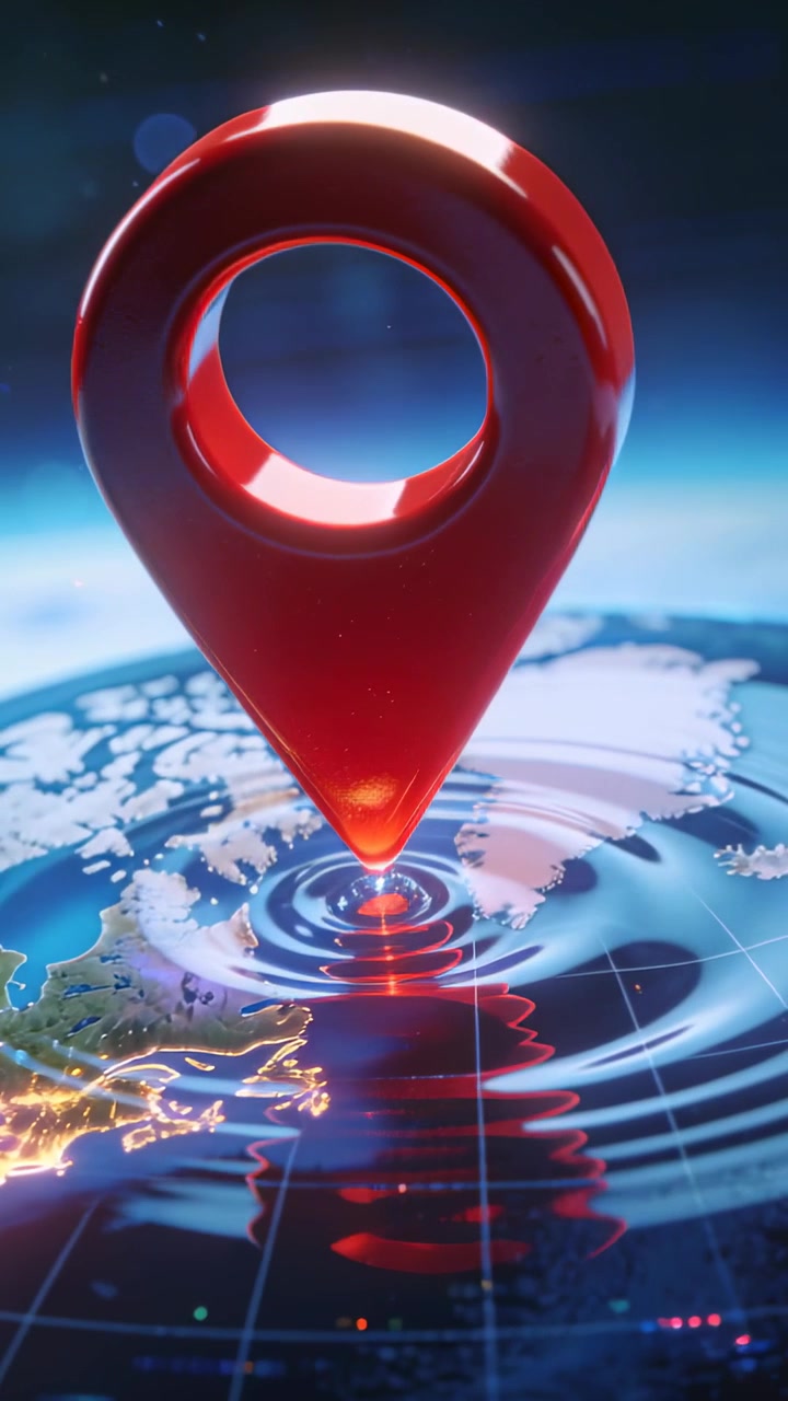 Vertical video: Dropping red map pin touching Earth at night, sending rings, marking spot