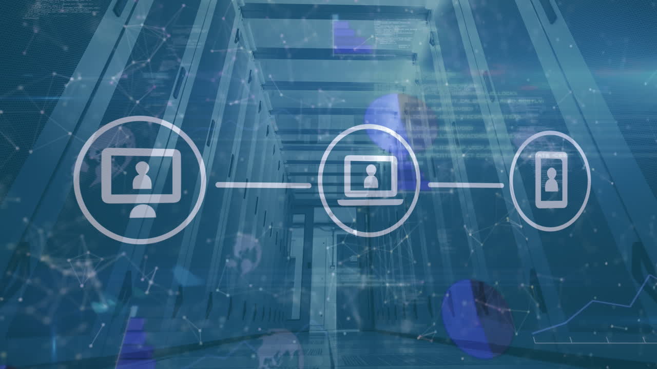 animación de teléfonos, portátiles, iconos de computadoras que forman diagramas de flujo y puntos conectados en la sala del servidor
