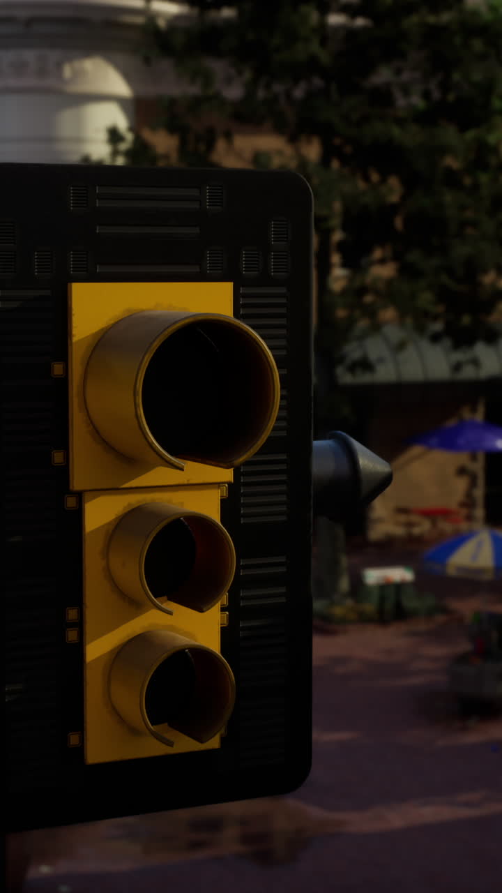 primer plano de un semáforo amarillo en un entorno urbano