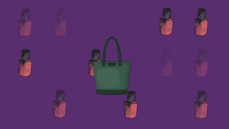 animación del icono del bolso y el esmalte de uñas sobre un fondo púrpura
