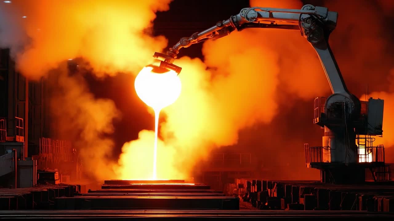 Un potente braccio robotico che manipola metallo fuso in un ambiente industriale ad alta temperatura, che mette in mostra la precisione e l'intensità del processo di lavorazione dei metalli