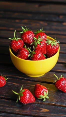 close up of a large strawberry in a yellow bowl