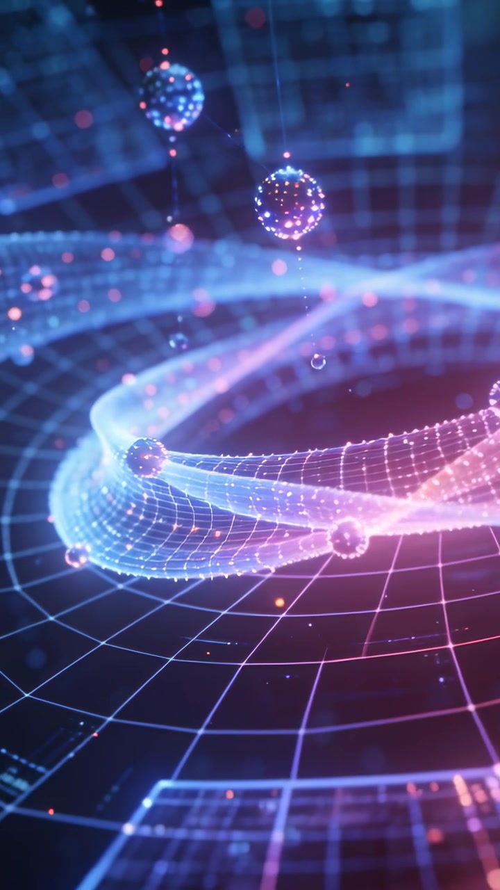 Vertical video: Playing, glowing ribbon and hovering spheres waving on grid, simulating data