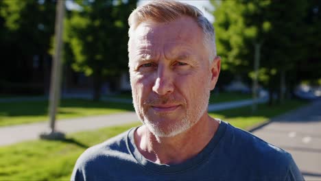 confident mature man with graying hair standing in sunlit park, wearing blue t shirt and looking directly at camera with calm, self assured expression