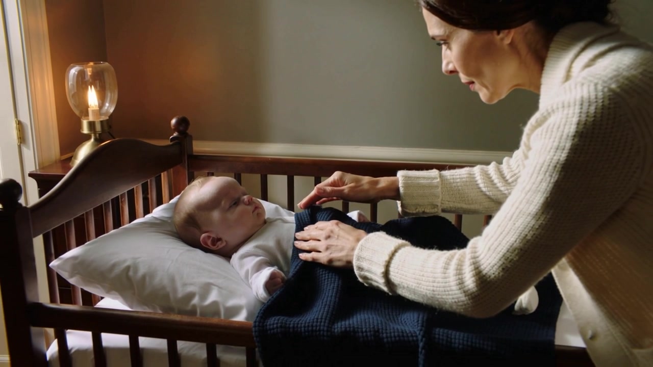 Leaning woman in cream-cardigan tucking navy blanket over baby in home crib placing toy to soothe