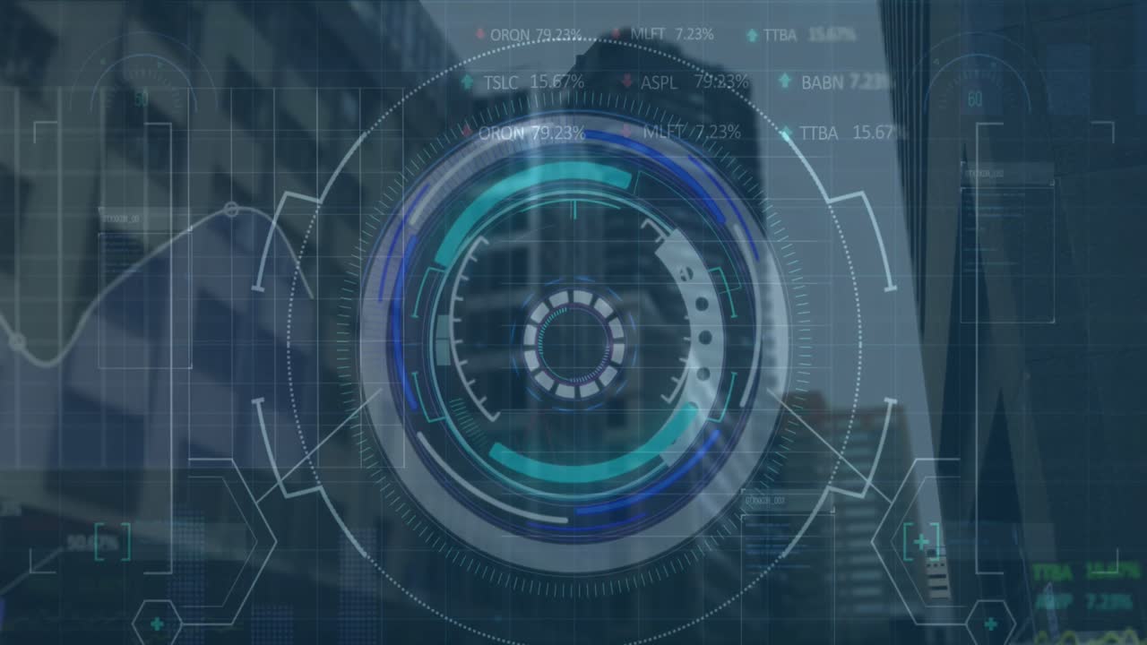 animazione di cerchi di carico, grafici e tavolo di scambio su edifici moderni contro il cielo