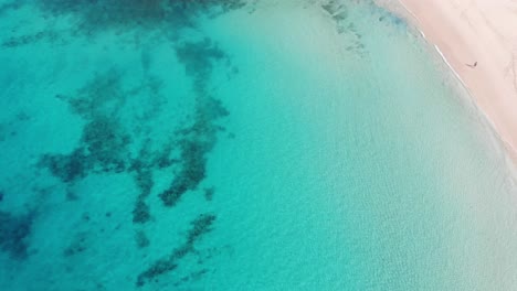 birds eye view over beautiful blue turquoise ocean waters beside idyllic beach