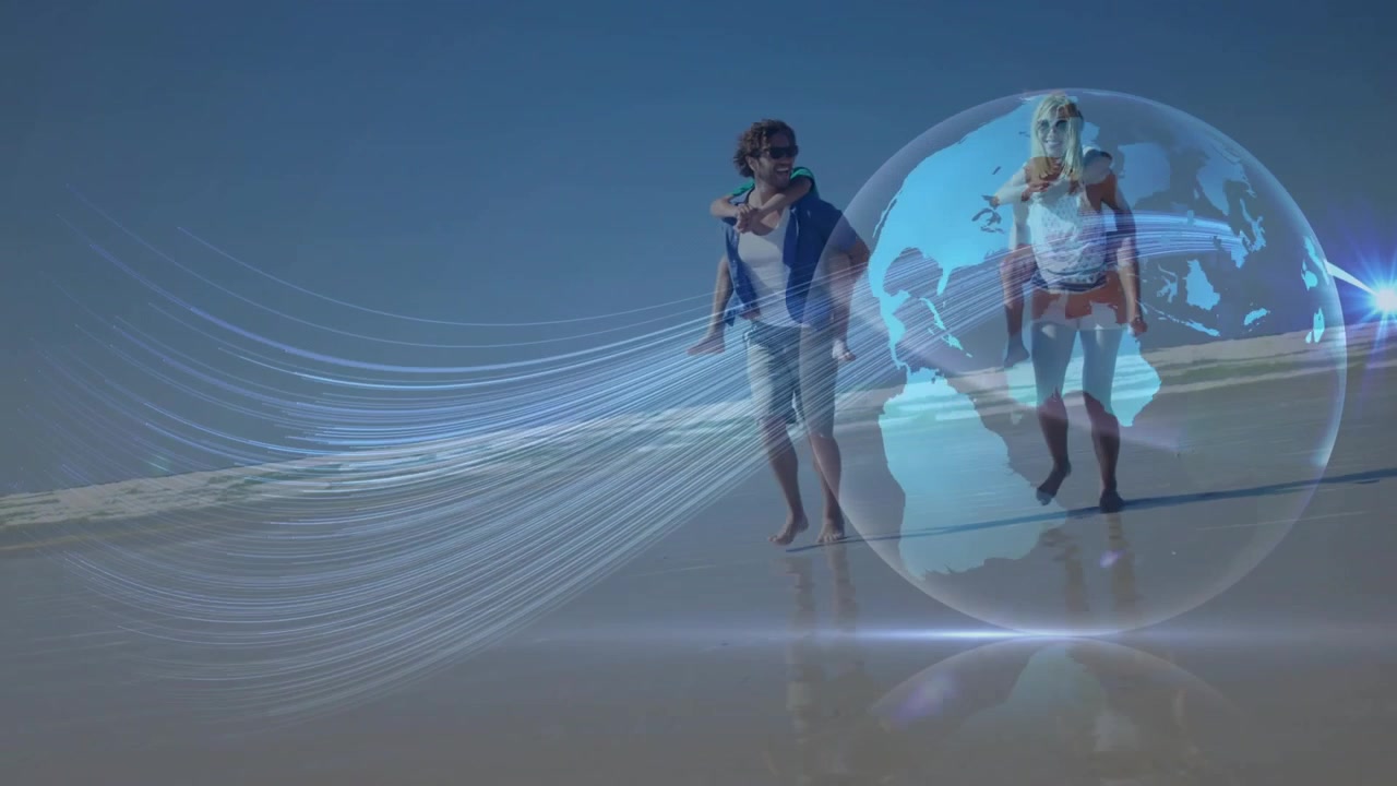 Pair carrying kids on shoulders walking shore globe growing ribbons blending reflections for travel