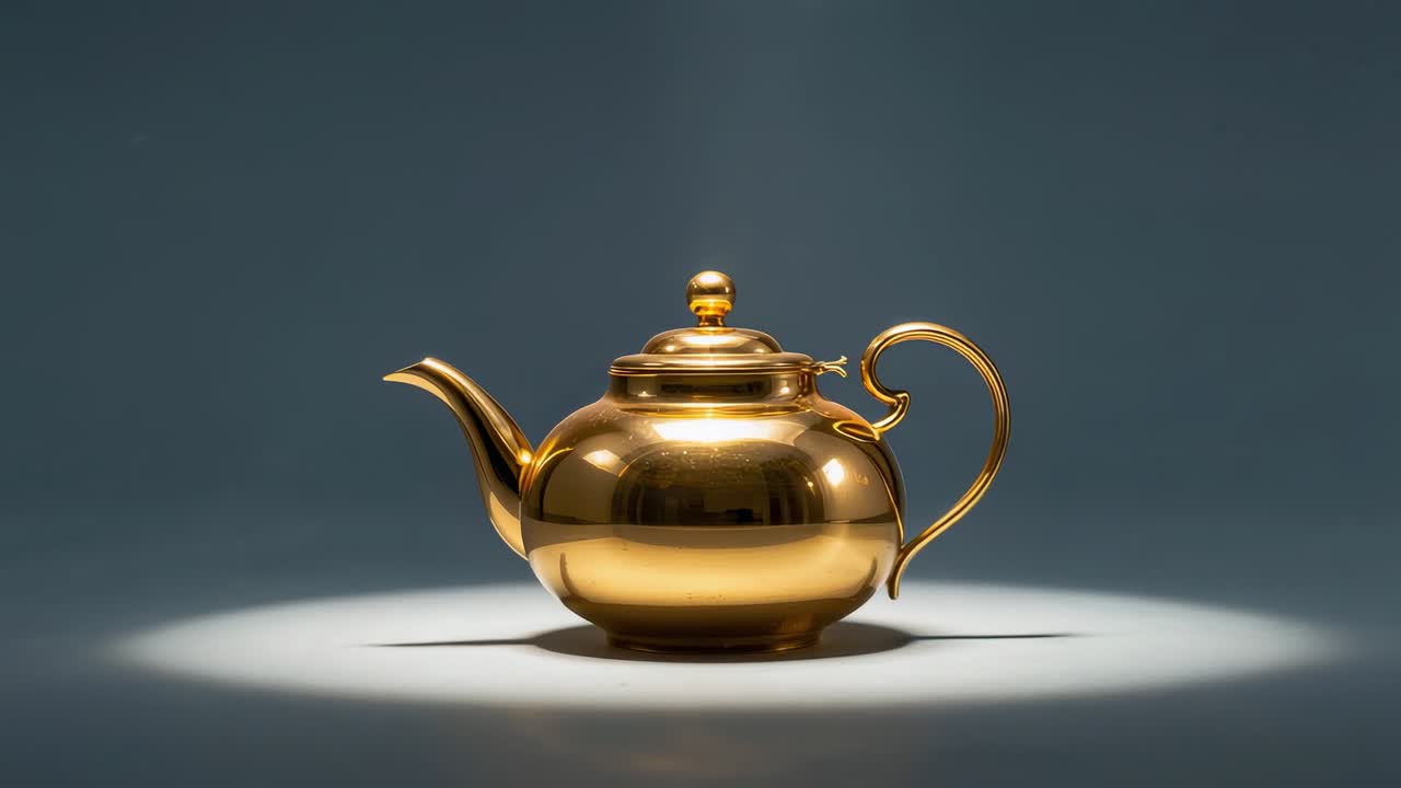 Sich bewegende Kamera nähert sich einer goldenen Teekanne im Studio, wobei der Scheinwerferstrahl sich verengt, um helle Glanzlichter zu enthüllen.