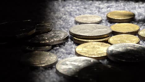 australian coins dropping onto the carpet, extreme close up in 4k