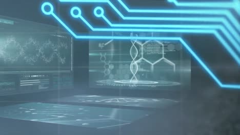 animation of computer motherboard elements, scientific data processing with dna strand spinning