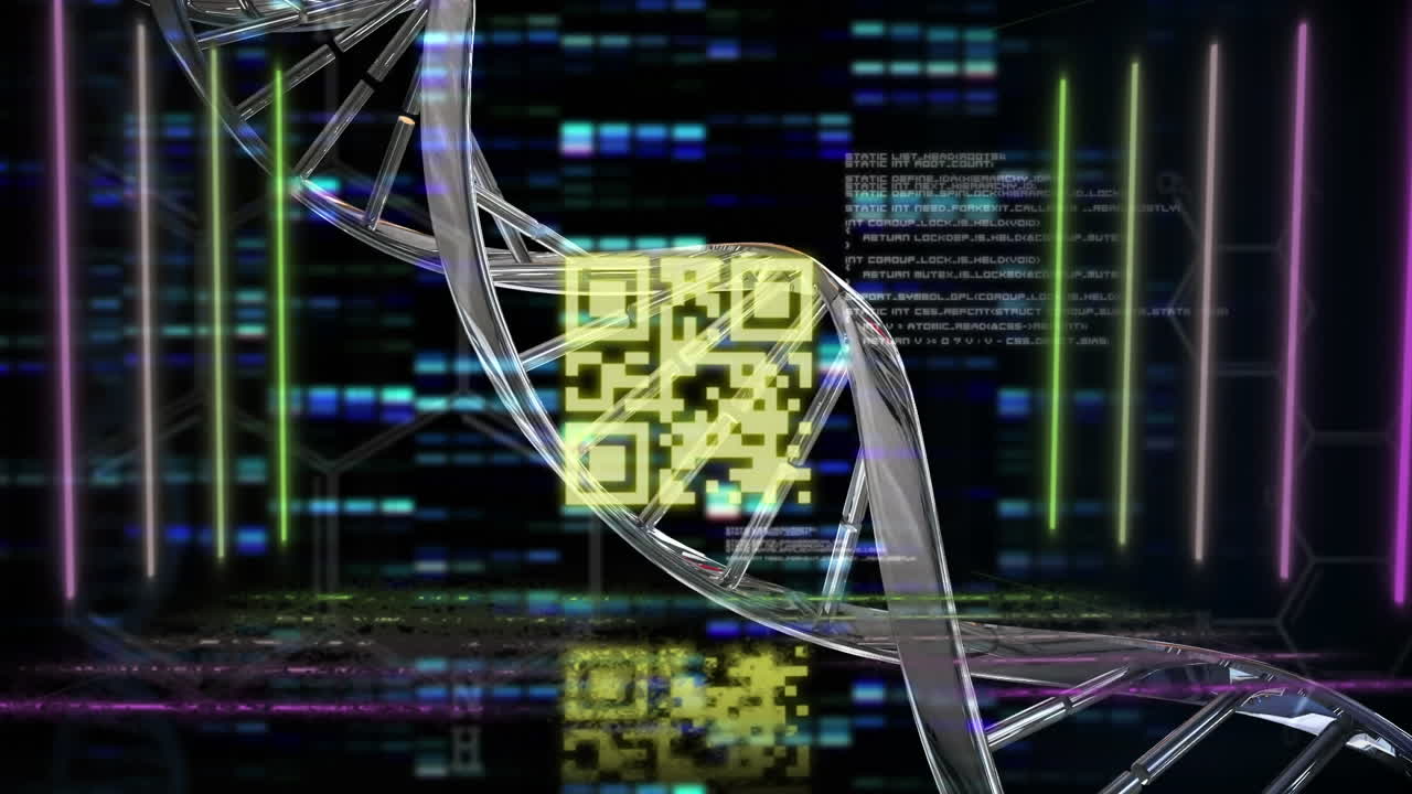 Digital animation of neon yellow qr code over dna structure and mosaic squares on black background