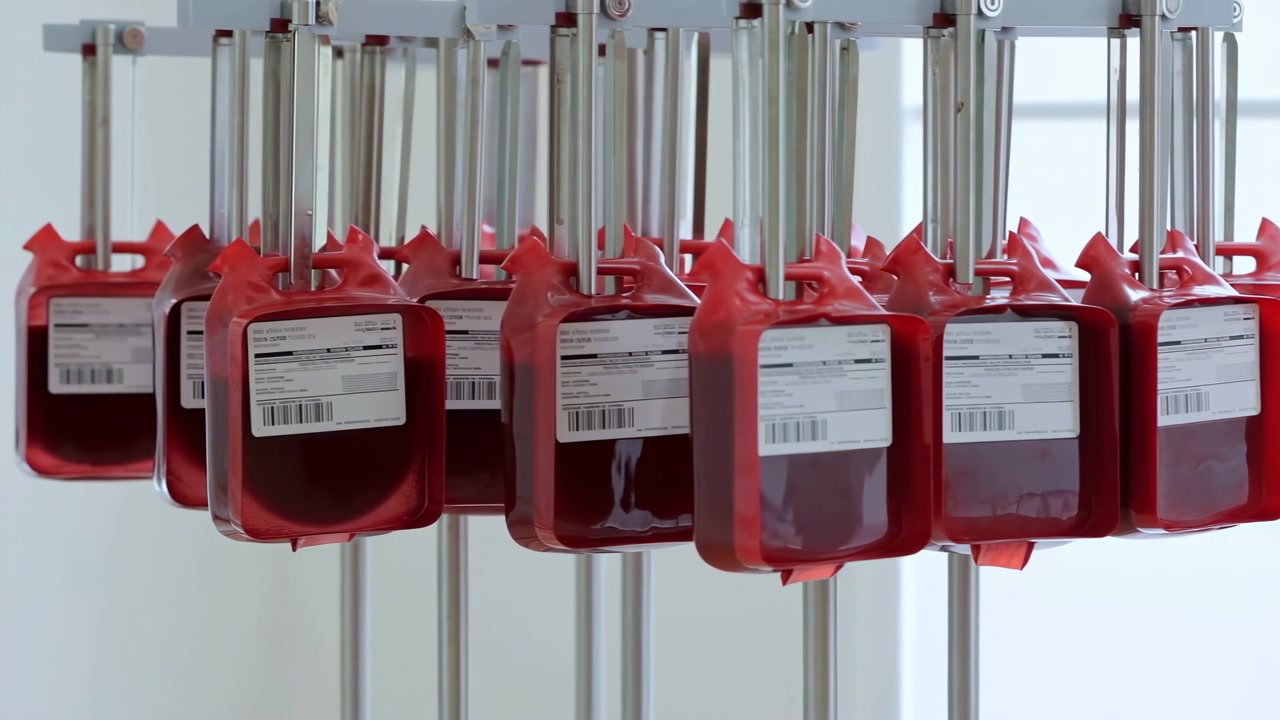 File di contenitori di carburante in plastica rossa sono appesi a ganci metallici su una scaffalatura luminosa, creando un motivo ripetuto e ordinato su uno sfondo bianco pulito