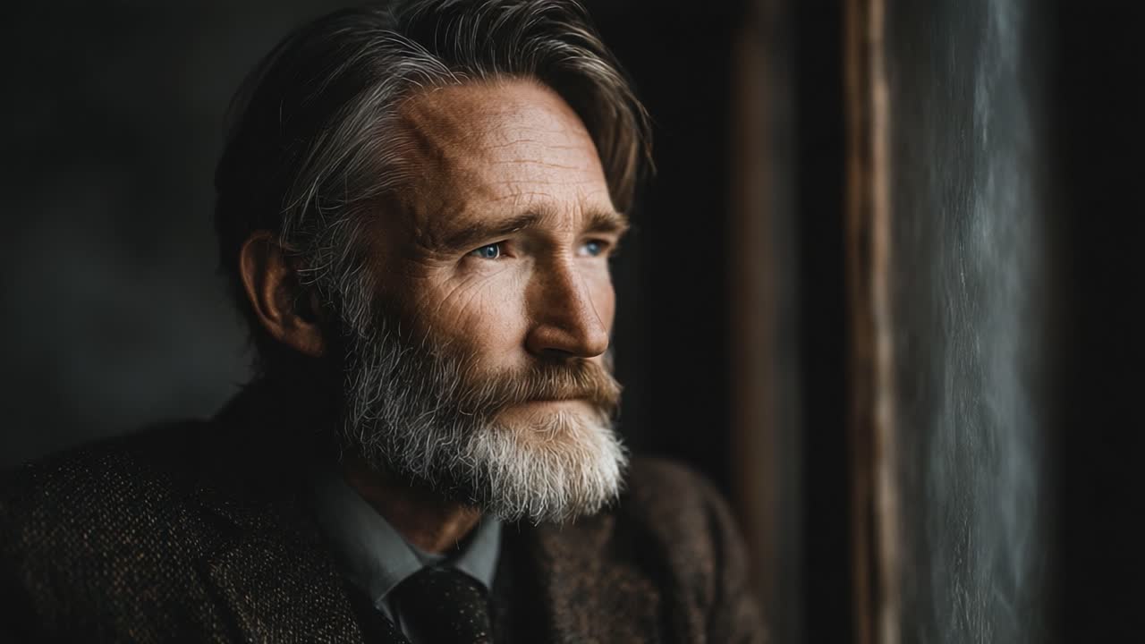 Uno Sguardo Profondo e Contemplativo all'Espressione Pensierosa di un Anziano Mentre Guarda Fuori da una Finestra, Catturando Momenti di Riflessione ed Emozione in un Ambiente Sereno