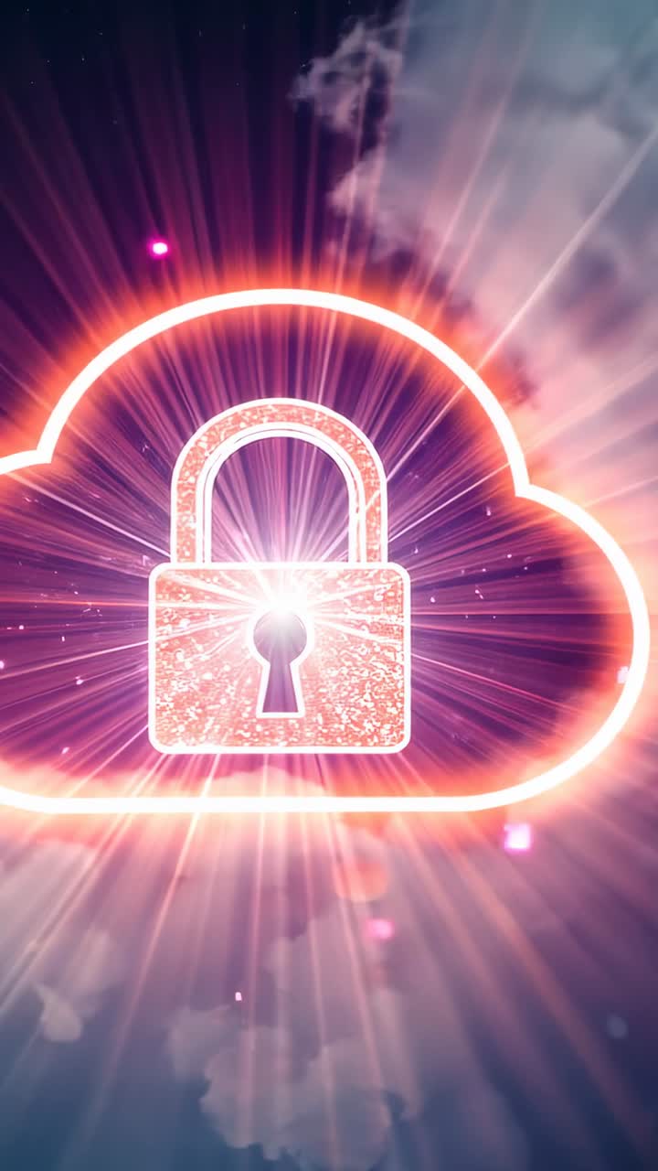 Vertical video: Pulsing neon-outlined cloud with padlock radiating beams as stars appearing in sky