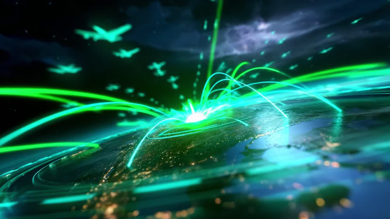 A Stunning Visual Representation of Global Connectivity with Light Trails and Airplane Silhouettes Illuminating the Planet, Symbolizing the Modern Network of Travel and Communication