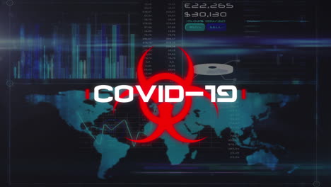 animation of covid 19 warning text over data processing and world map